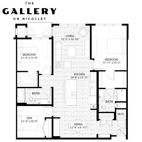 Floor plan for 3 beds, 2 baths, 1455 sqft